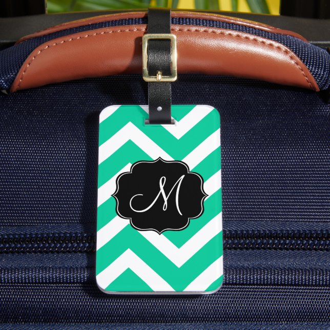 Étiquette À Bagage Caraibes Vert et Blanc Chevron Stripes (Insitu Rectoal 2)