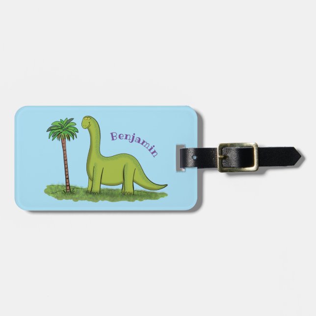 Étiquette À Bagage Caricature de dinosaure de brontosaurus vert migno (Devant horizontal)