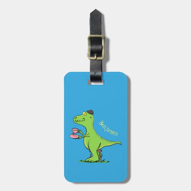 Étiquette À Bagage Caricature de dinosaure vert t rex (Devant Vertical)