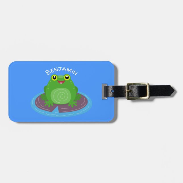 Étiquette À Bagage Caricature de grenouille verte mignonne (Devant horizontal)