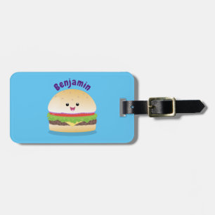 Étiquette À Bagage Caricature de hamburger kawaii joyeux