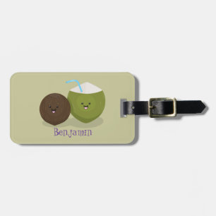 Étiquette À Bagage Caricature de noix de coco kawaii joyeux
