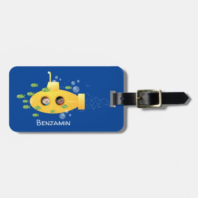 Étiquette À Bagage Caricature de poisson sous-marin jaune mignon (Devant horizontal)