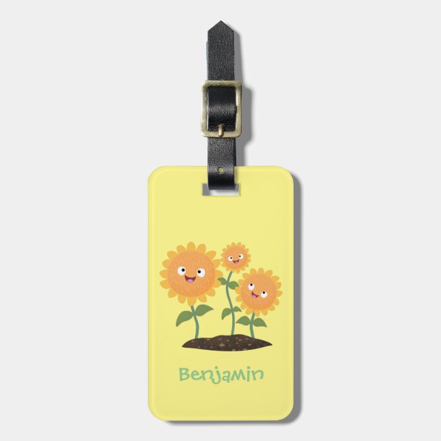 Étiquette À Bagage Caricature joli tournesol souriant illustration (Devant Vertical)