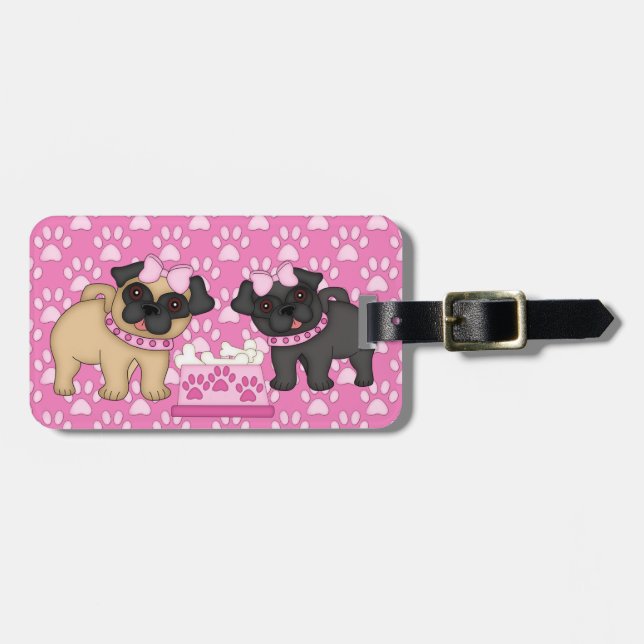 Étiquette À Bagage Carlin Cuties Bandes et pattes roses - Personnalis (Devant horizontal)