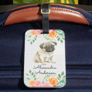 Étiquette À Bagage Carlin personnalisé Puppy Floral