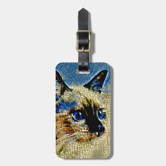 Étiquette À Bagage Carreaux de mosaïque de chats siamois bleu (Devant Vertical)