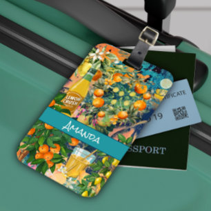Étiquette À Bagage Carreaux fleuris chic orange sicilien