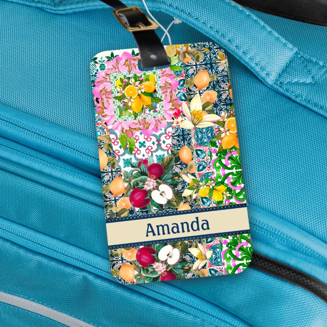 Étiquette À Bagage Carreaux floraux d'agrumes siciliens bleu chic (Créateur téléchargé)