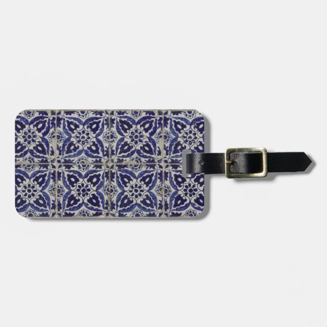 Étiquette À Bagage Carrelage italien rustique Azulejo bleu blanc géom (Devant horizontal)