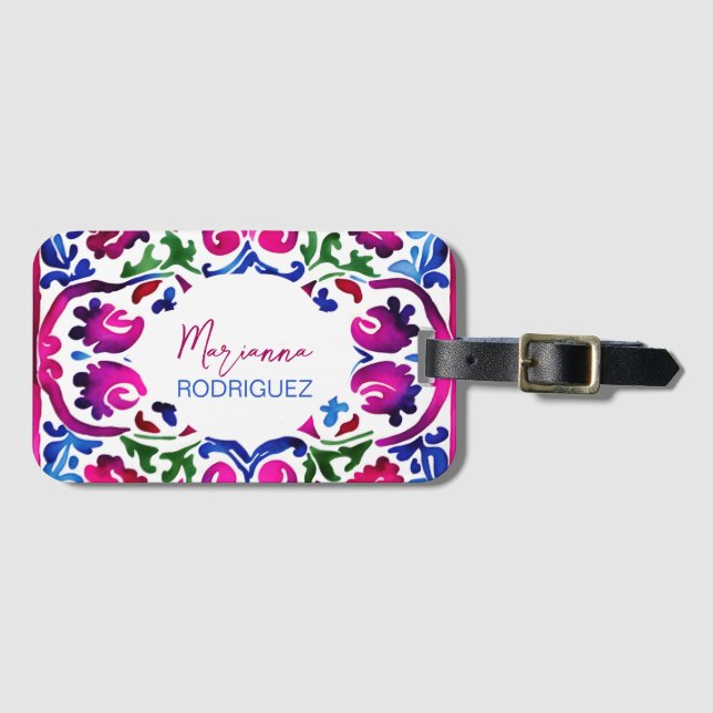 Étiquette À Bagage Carrelage rose bleu mexicain espagnol Talavera (Devant Horizontal)