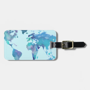 Étiquette À Bagage Carte bleue du monde d'aquarelle