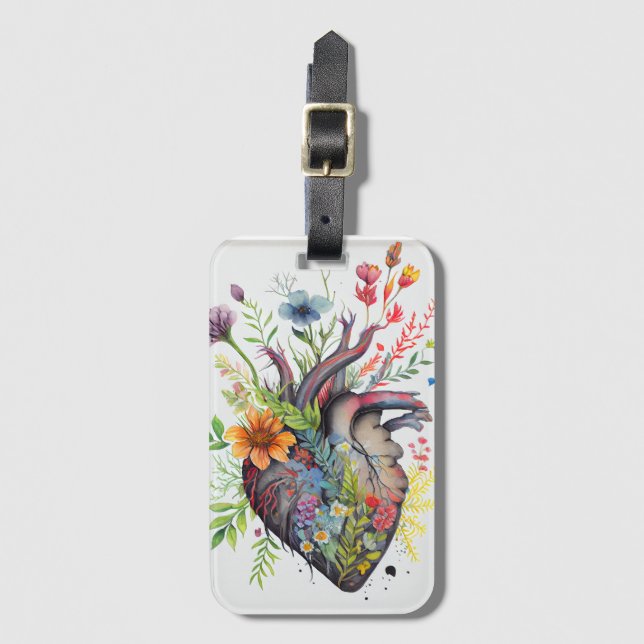 Étiquette À Bagage Carte d'amour pour le coeur anatomique et les fleu (Devant Vertical)