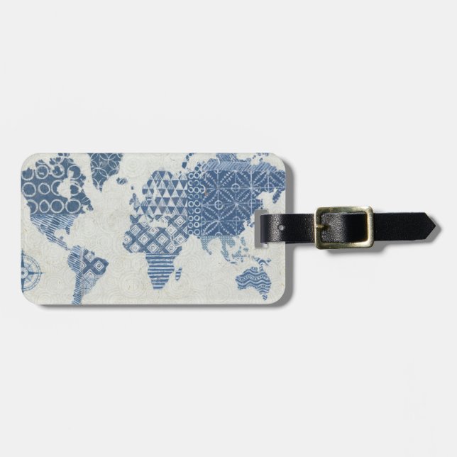 Étiquette À Bagage Carte de batik de bleu d'indigo du monde (Devant horizontal)