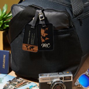 Étiquette À Bagage Carte du monde à grain de bois rustique avec nom p