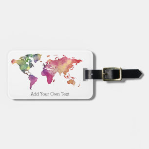 Étiquette À Bagage Carte du monde aquarelle Ajouter votre propre text