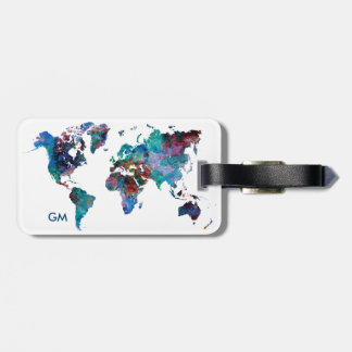 Étiquette À Bagage Carte du monde aquarelle peinture personnalisée Mo