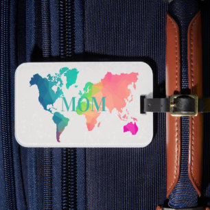 Étiquette À Bagage Carte du monde colorée Monogramme personnalisé MOM