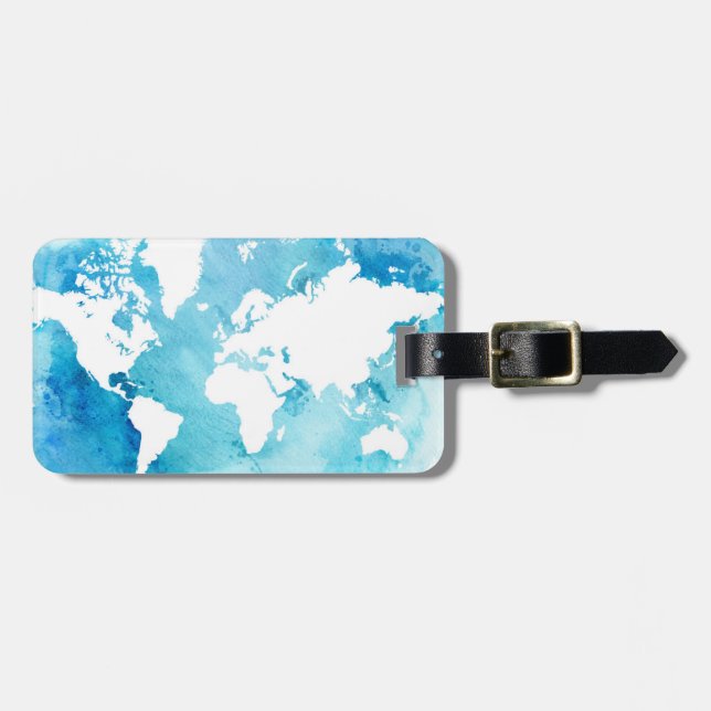 Étiquette À Bagage Carte du monde dans des bleus d'aquarelle (Devant horizontal)