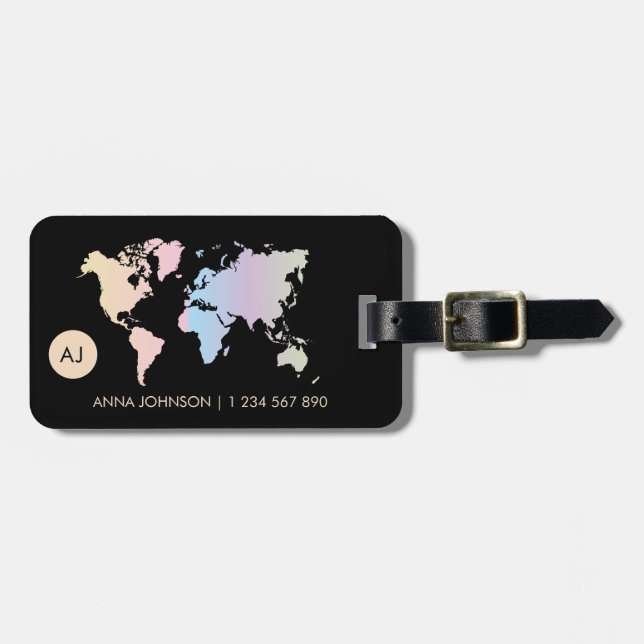 Étiquette À Bagage Carte du monde Holotel Pastel Nom du monogramme de (Devant horizontal)