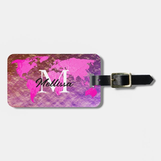 Étiquette À Bagage Carte du monde Monogram Rose Rose Parties scintill (Devant horizontal)