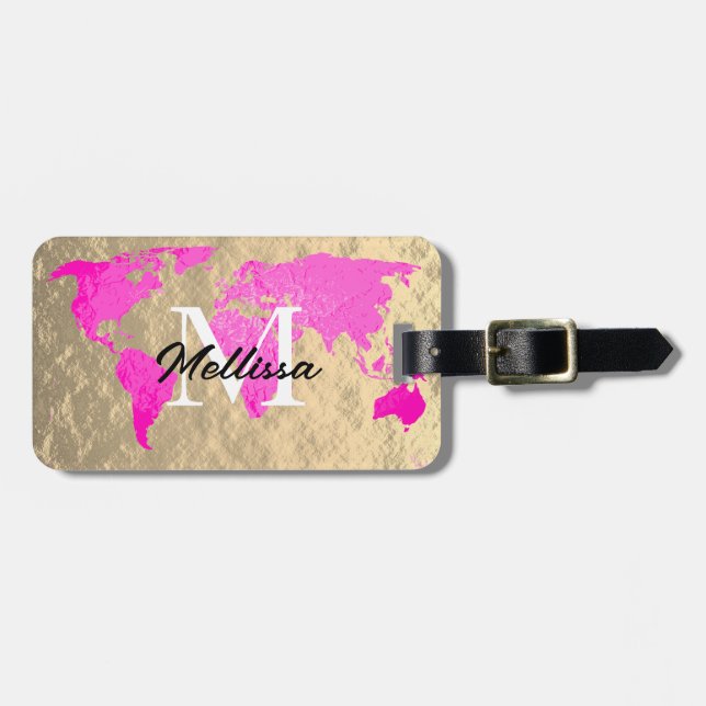 Étiquette À Bagage Carte du monde Monogramme Voyageur Pink Gold Foil  (Devant horizontal)
