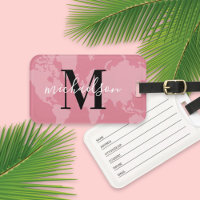 Carte du monde rose Monogramme Nom personnalisé
