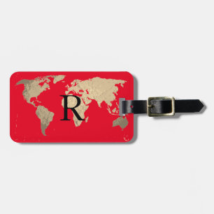 Étiquette À Bagage Carte du monde Sépia doré Rouge Noir Monogramme In