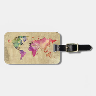 Étiquette À Bagage Carte du monde Vintage des voyages par aquarelle