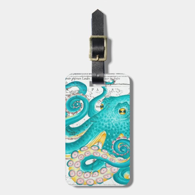 Étiquette À Bagage Carte marine de pieuvre turquoise Aquarelle (Devant Vertical)