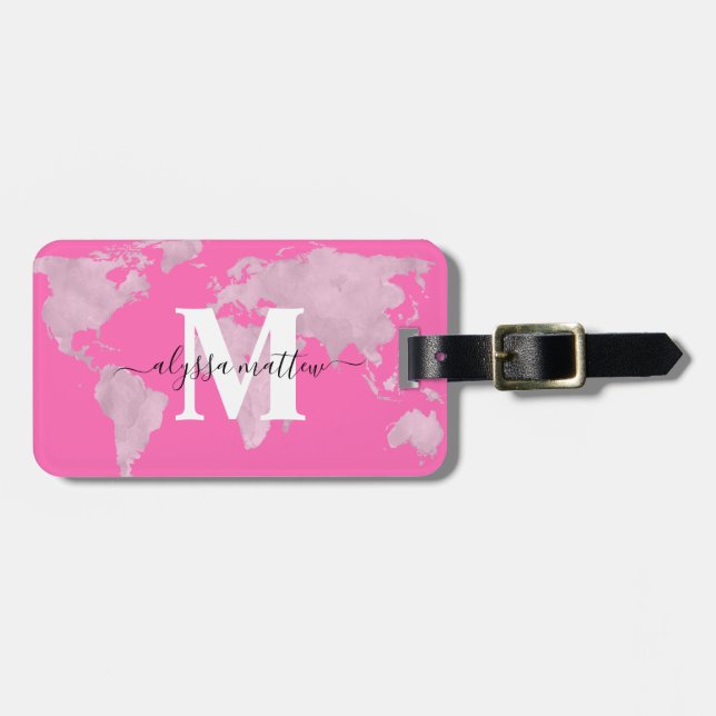Étiquette À Bagage Carte personnalisée du monde rose chaud (Devant horizontal)