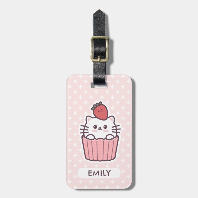Étiquette À Bagage Carton de Cupcake aux fraises Cute Kawaii (Devant Vertical)