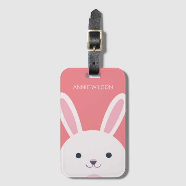 Étiquette À Bagage Carton de lapin mignon à bille rose Personnalisé (Devant Vertical)