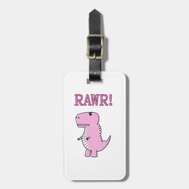 Étiquette À Bagage Cartoon T-Rex Dinosaur Mignonne Et Rose En Colère (Devant Vertical)