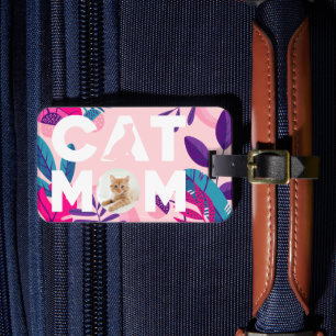 Étiquette À Bagage CAT MOM, Votre Photo, Fleurs Roses & Bagages Feuil