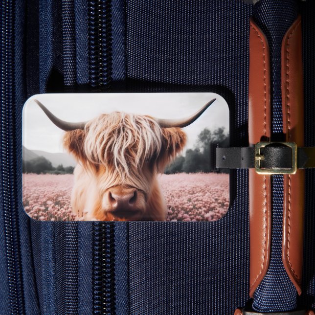 Étiquette À Bagage Champ de Fleur sauvage écossais Highland Cow (Insitu Rectoal 4)