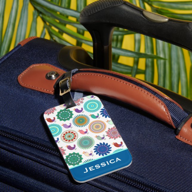 Étiquette À Bagage Chanter Bird et Mandala Folk Motif Personnalisé (Insitu Rectoal 1)