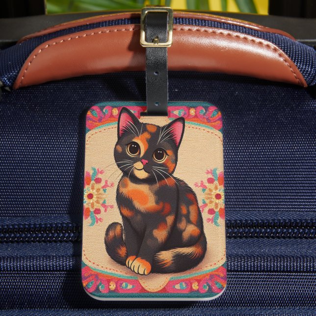 Étiquette À Bagage Charmant Cute Tortoiseshell Chat Vibrant frontière (Insitu Rectoal 2)