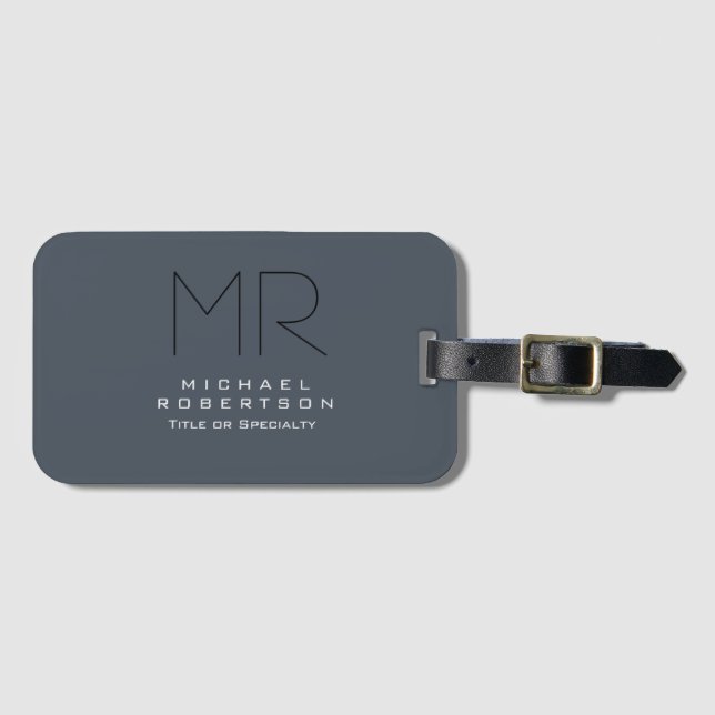 Étiquette À Bagage Charme Moderne Monogramme Gris Propre (Devant Horizontal)