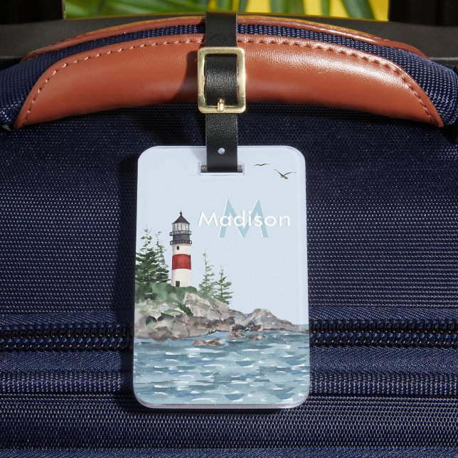 Étiquette À Bagage Charming Coastal Lighthouse Rocks Monogramme Nom (Créateur téléchargé)