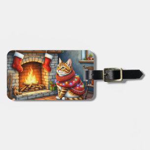 Étiquette À Bagage Chat abyssin assis près de la cheminée à Noël