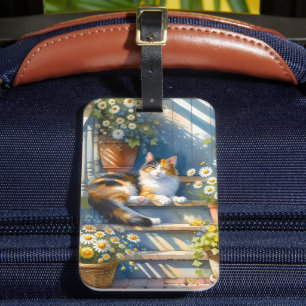 Étiquette À Bagage Chat calicot sur la véranda florale Cottagecore