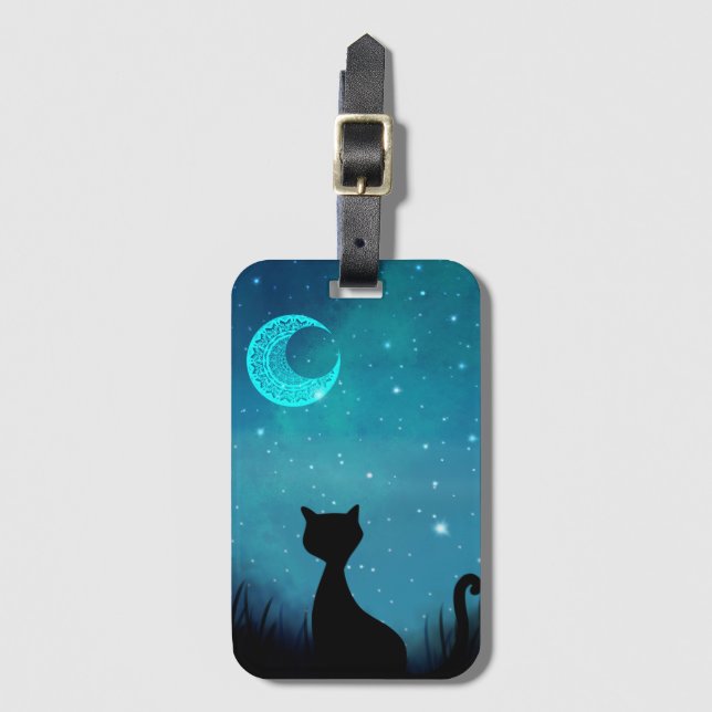Étiquette À Bagage Chat de nuit noir moderne illustration scintillant (Devant Vertical)