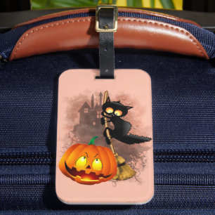 Étiquette À Bagage Chat effrayé par Citrouille Fun Halloween caractèr