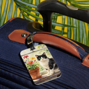 Étiquette À Bagage Chat et fleurs à l'aquarelle sur un rebord de fenê