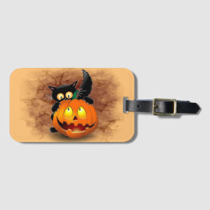 Étiquette À Bagage Chat Fun Halloween Caractère mordant un Citrouille