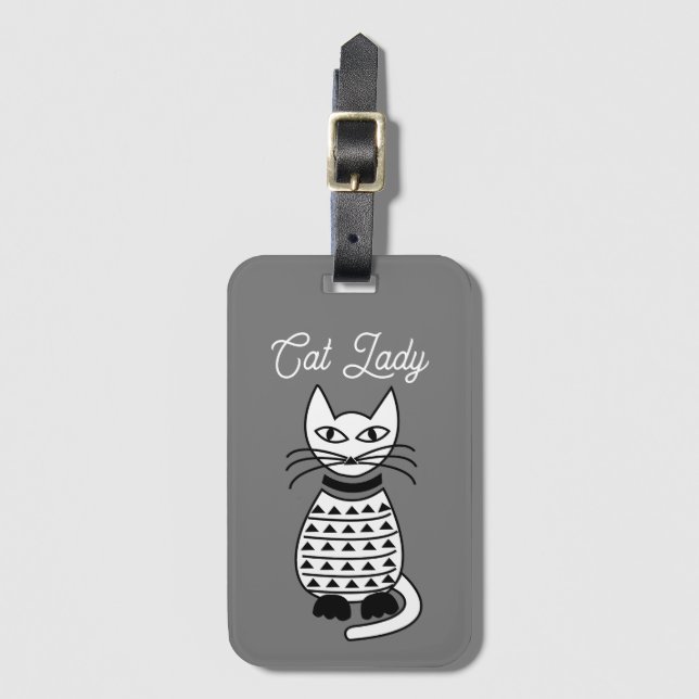 Étiquette À Bagage Chat géométrique noir et blanc personnalisé (Devant Vertical)