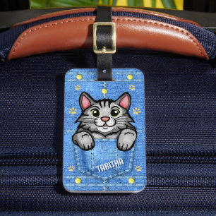 Étiquette À Bagage Chat gris en poche Faux Denim avec nom personnalis