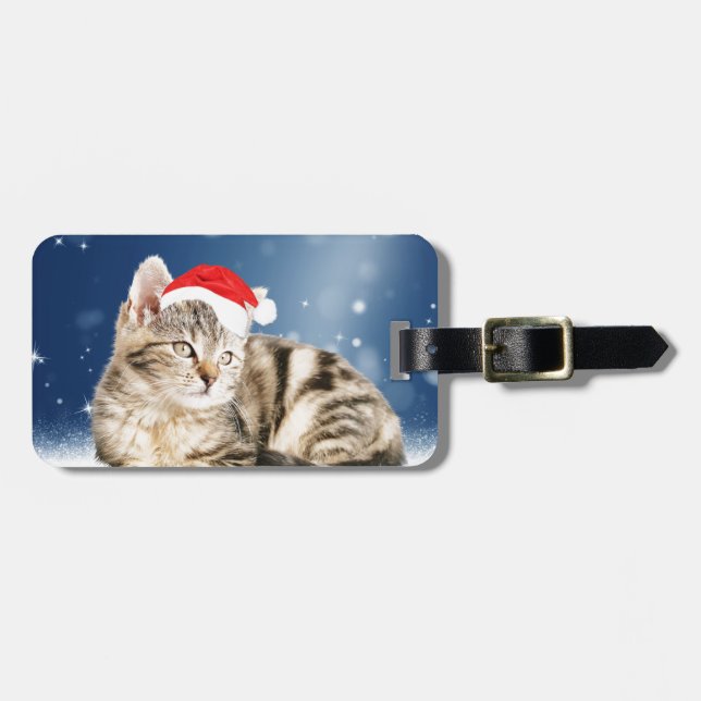 Étiquette À Bagage Chat mignon portant chapeau de Noël rouge neige (Devant horizontal)