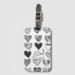 Étiquette À Bagage Chat noir et blanc et Motif de coeur